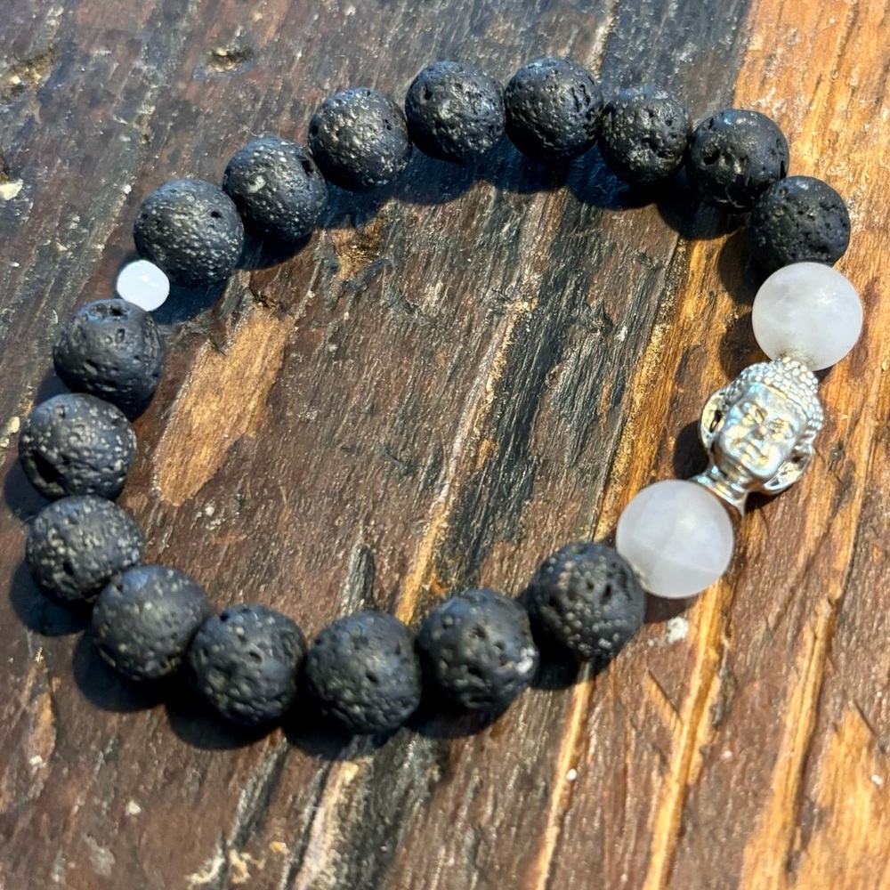 Handmade rose quartz and lava bead bracelet 6.5 inches.